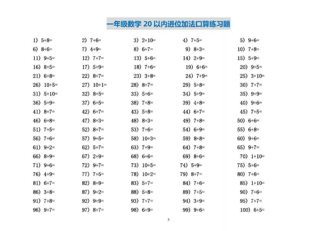 【一年級數學】好資料:一年級數學20以內退位減法口算練習題,電子版