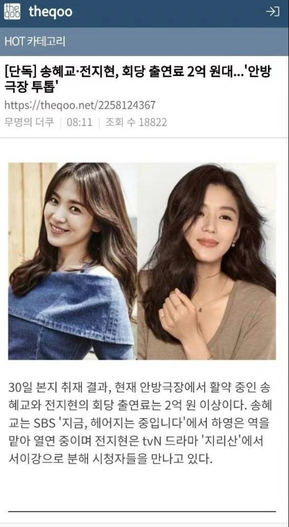 宋慧乔全智贤单集片酬均超2亿韩元 并列韩国女演员片酬第一