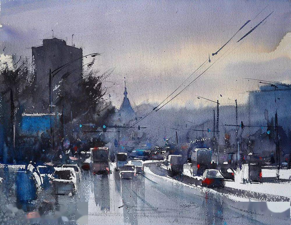 他的水彩景观手绘,无论是晴天还是阴天,色调的搭配都给人以简约,温润