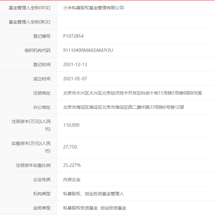 雷軍創投圈又添新成員註冊資本11億小米新成立私募股權基金公司或為造