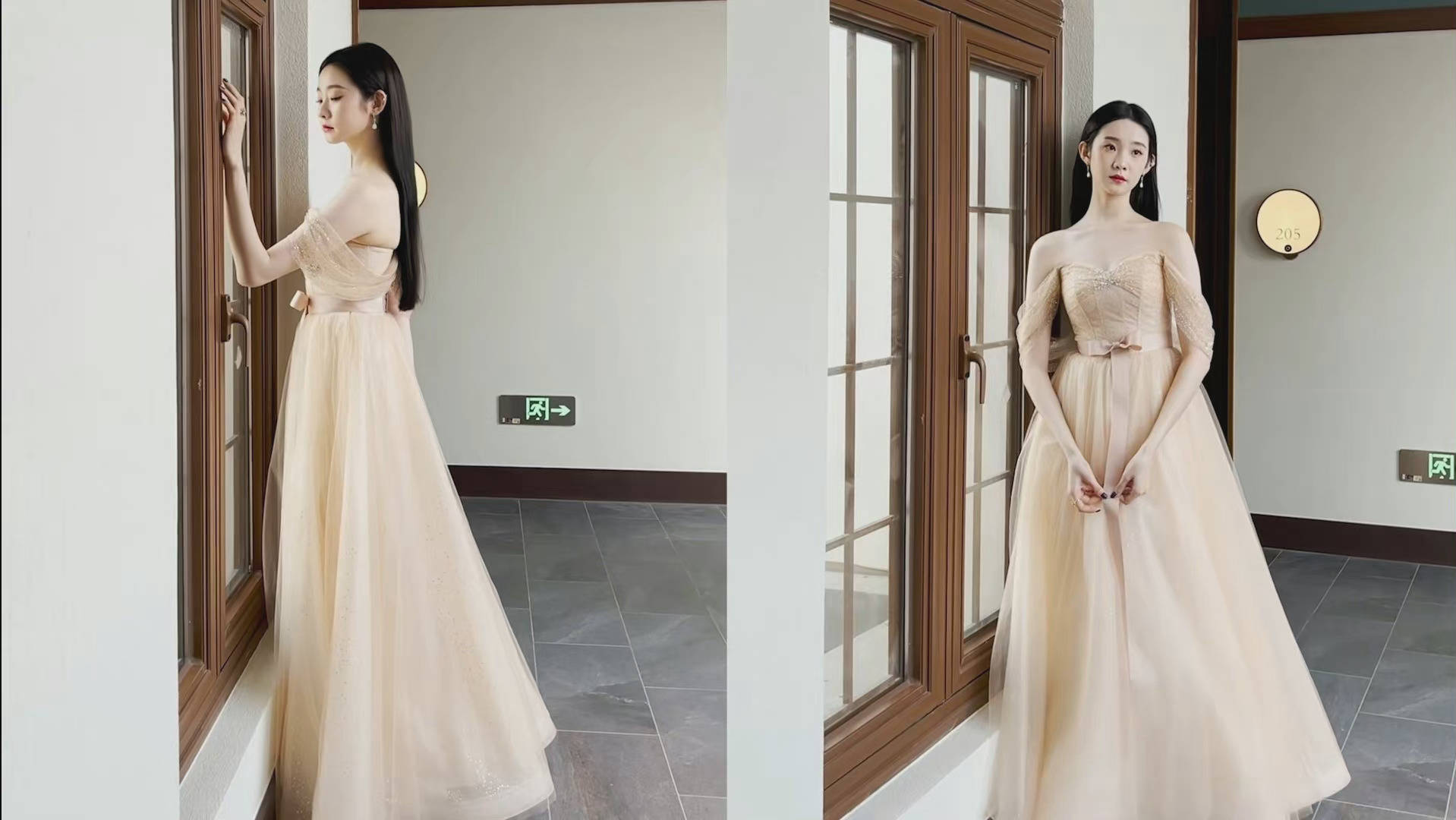 张艺凡今日活动造型9615,这身露肩薄纱礼裙好美啊