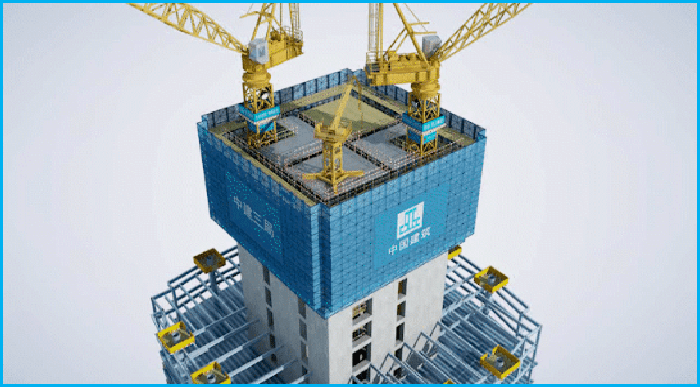 施工便捷高效施工电梯一体化平台核心筒采用爬模,布料机和主体结构