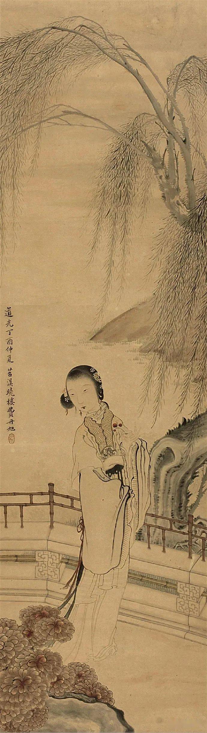 清代画家費丹旭・中国書画讀書図・描金』肉筆紙本・掛軸卷画・中国美術