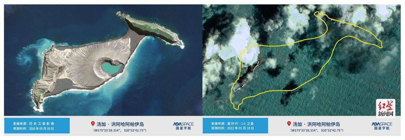汤加火山喷发前后卫星图对比显示：一个岛消失了！