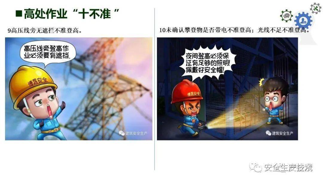 一高:高處作業防墜落措施不完善的不幹;一杆:杆塔根部,基礎和拉線不