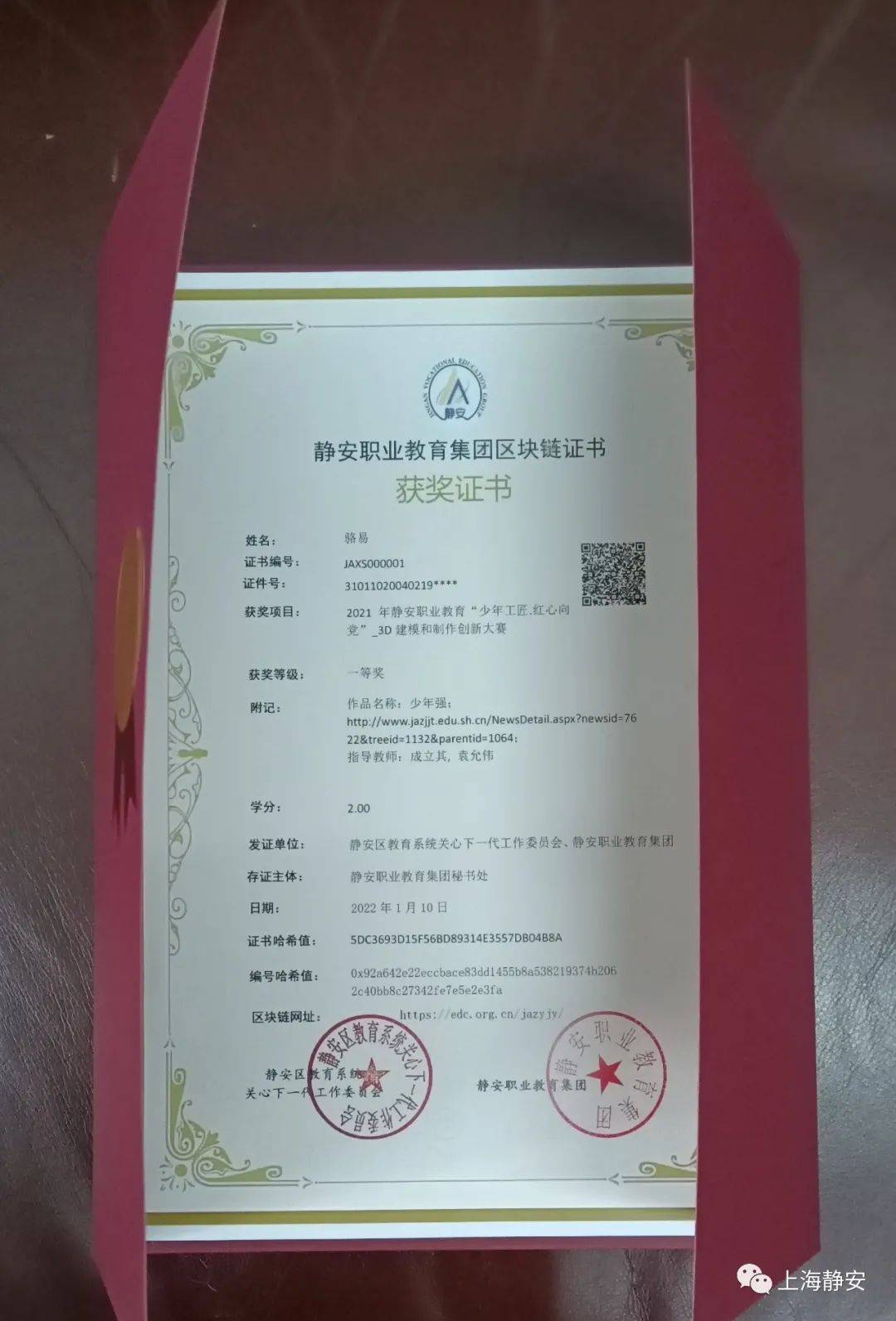 获得3d建模和制作创新大赛一等奖的骆易,其创作的"少年强""红心向党"