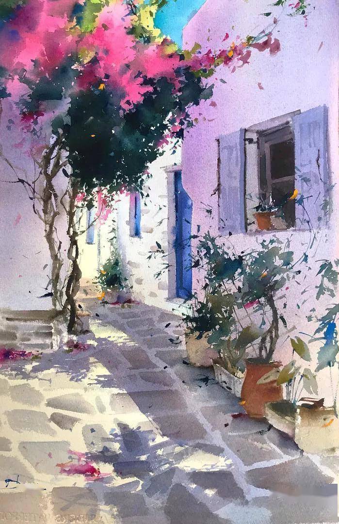 西班牙水彩画家blanca alvarez的向往之地—白色的房子蓝色的海