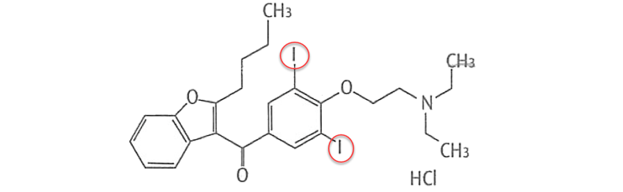 这与胺碘酮是苯环上二碘取代物这一分子结构特点有关.