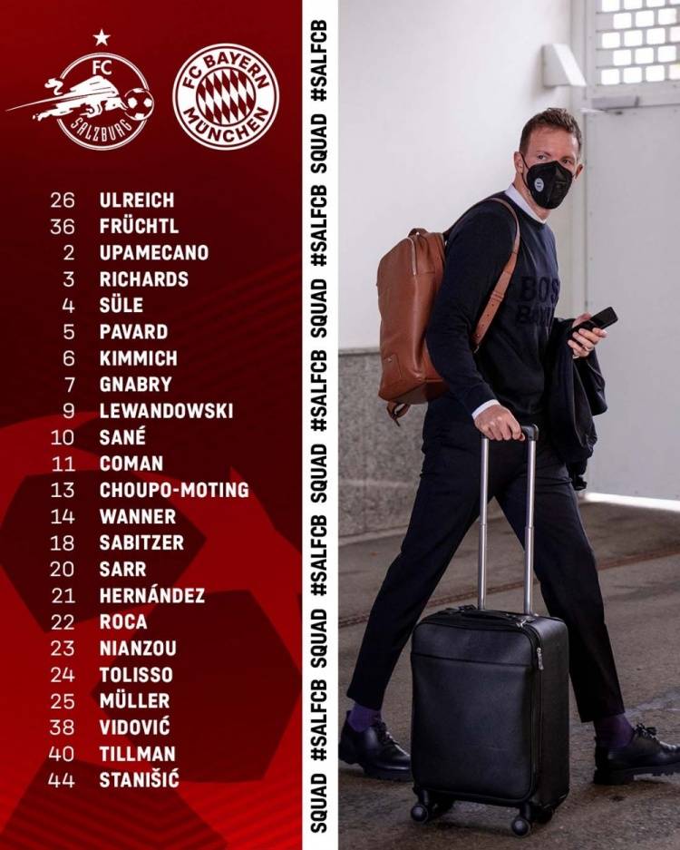 欧冠|拜仁战萨尔茨堡大名单：莱万领衔，诺伊尔、格雷茨卡、戴维斯缺阵