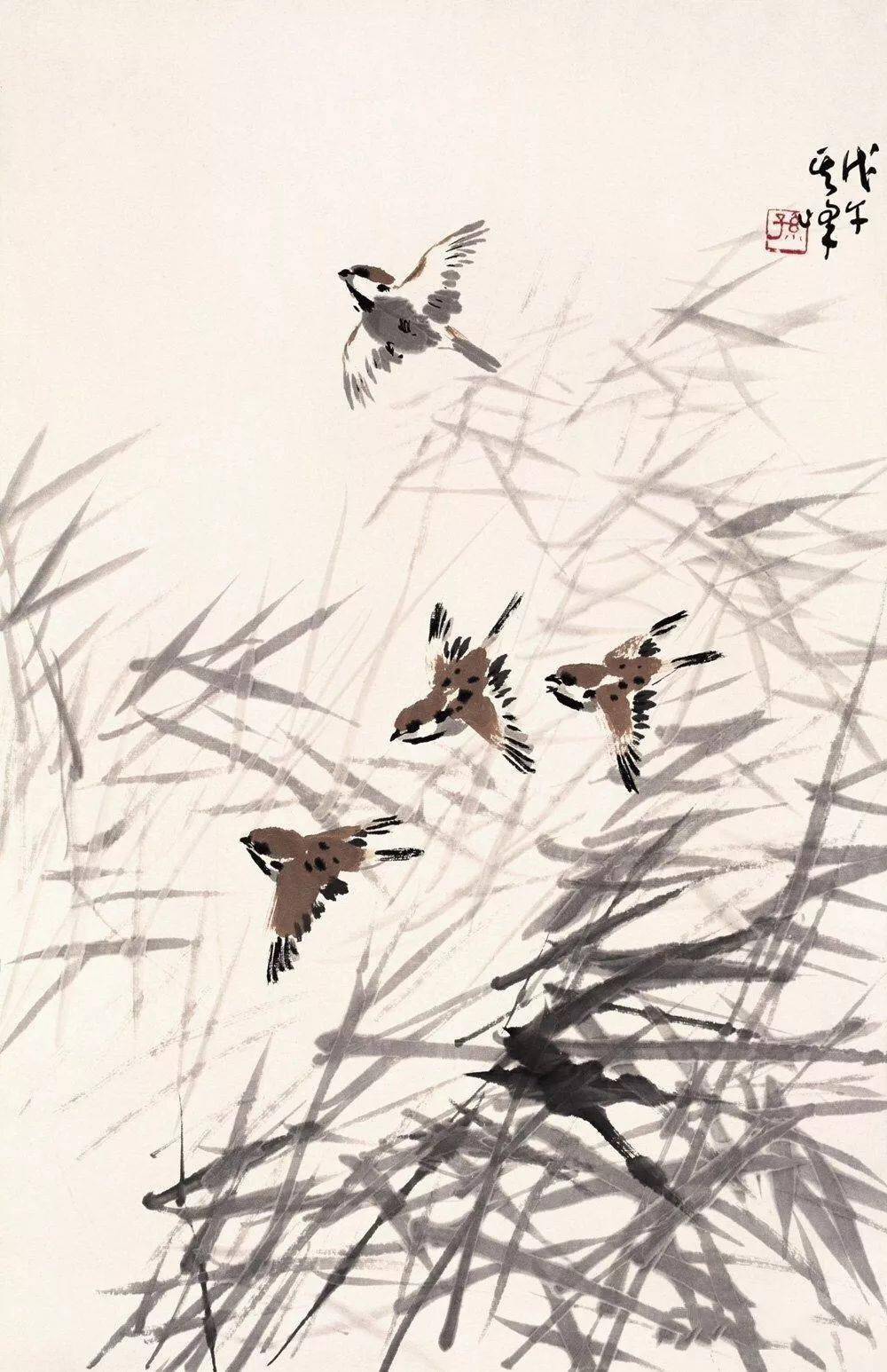 孙其峰对画麻雀可谓情有独钟,创作了大量的作品,活灵活现,生动多姿,并