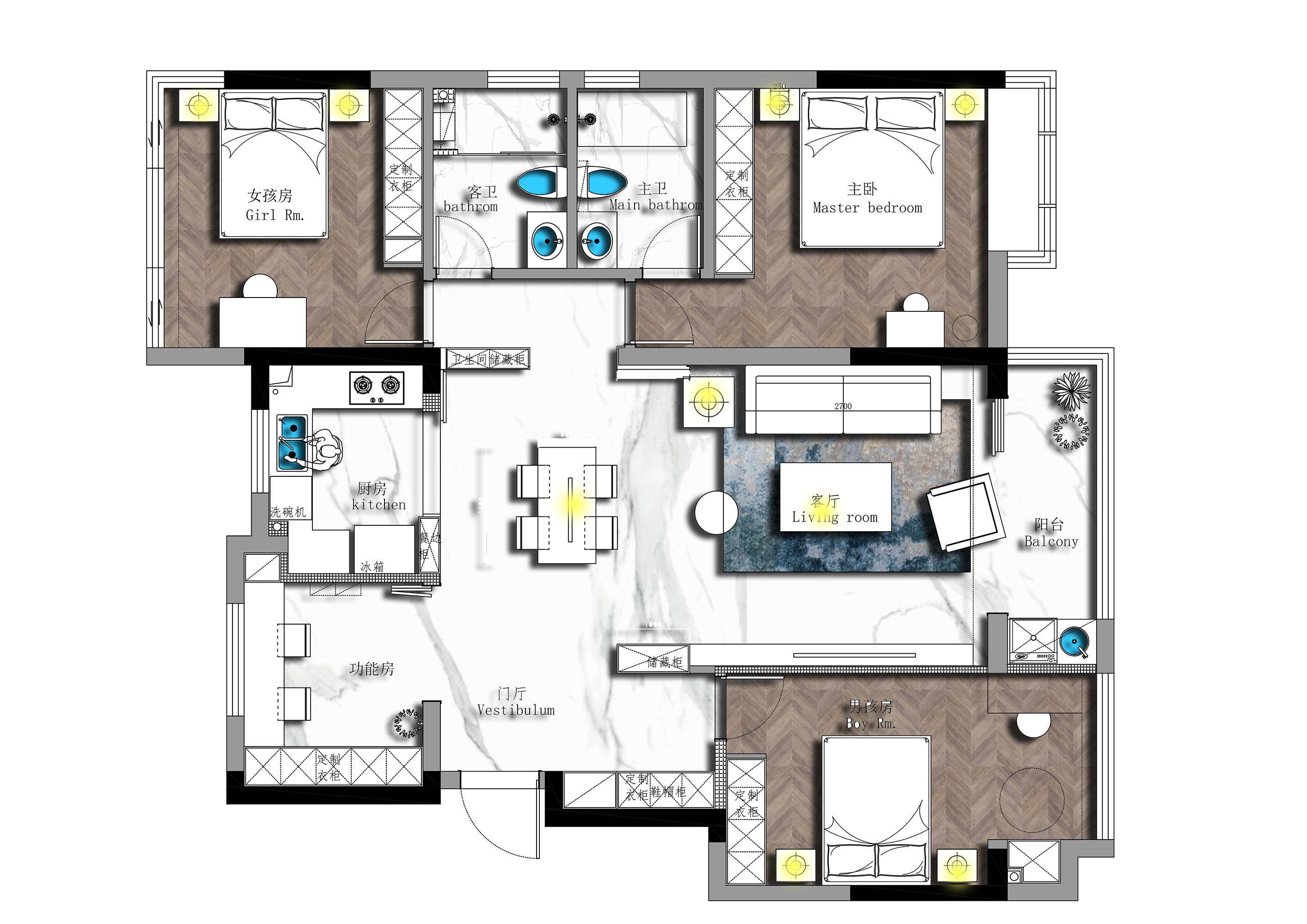 140㎡将大横厅一拆为二隔出间15㎡儿童房一儿一女都有地睡了