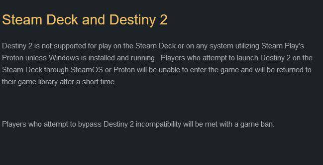 《命运 2》不会支持 Steam Deck，并威胁会封禁试图绕过的玩家