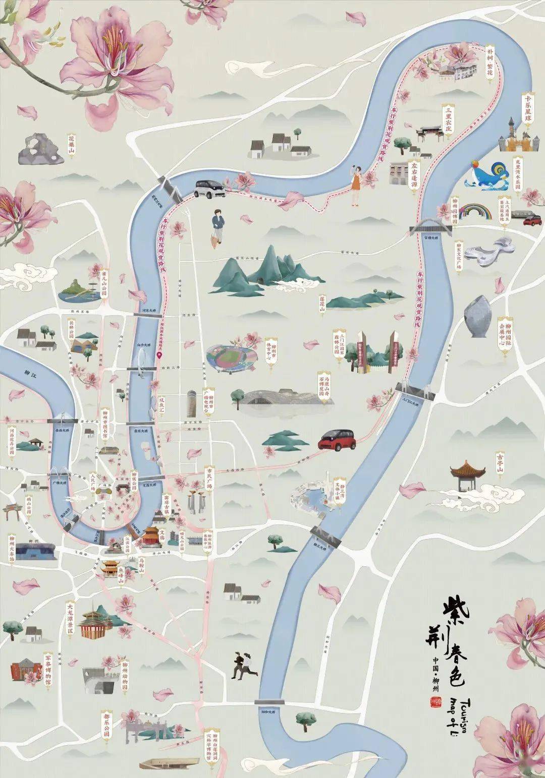 《柳州紫荆春色地图》文旅君双手奉上在柳州究竟要如何赏花才尽兴那么