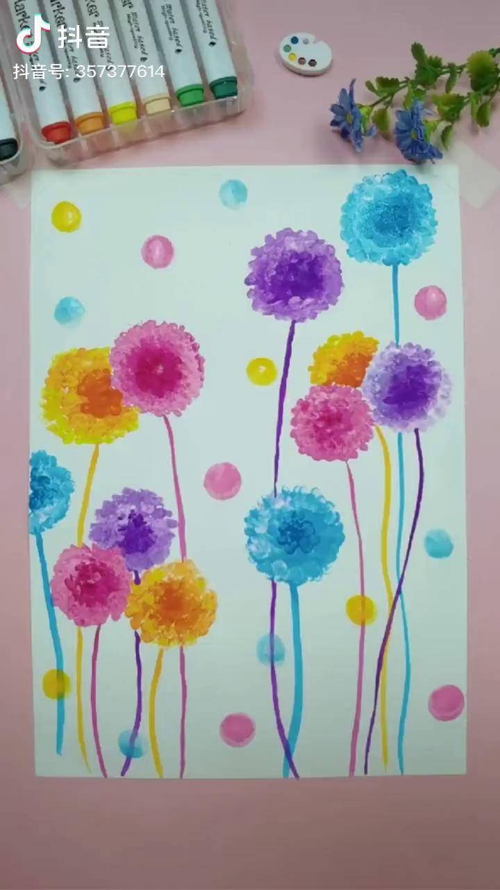 好看的绣球花来啦用棉签点一点就可以哟简单又好看幼儿园创意美术画画