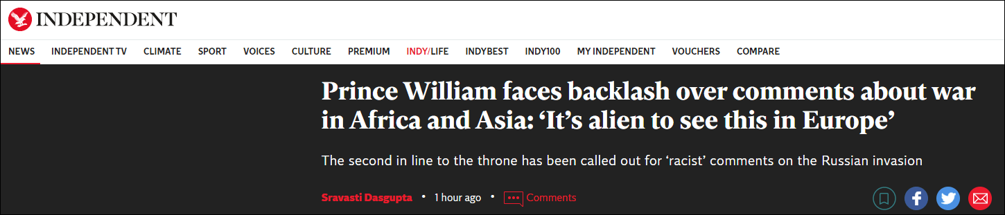 威廉王子：英国人更习惯于看到非洲和亚洲的冲突，在欧洲看到这种情况非常陌生