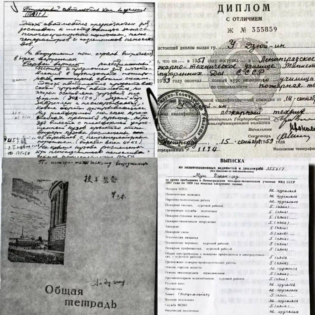 留苏学员的课堂笔记,成绩单和毕业证书(中国消防博物馆馆藏照片)消防