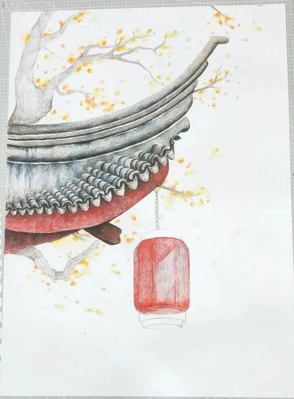 彩铅教程:飞檐一角的画法!_瓦片_树枝_建筑