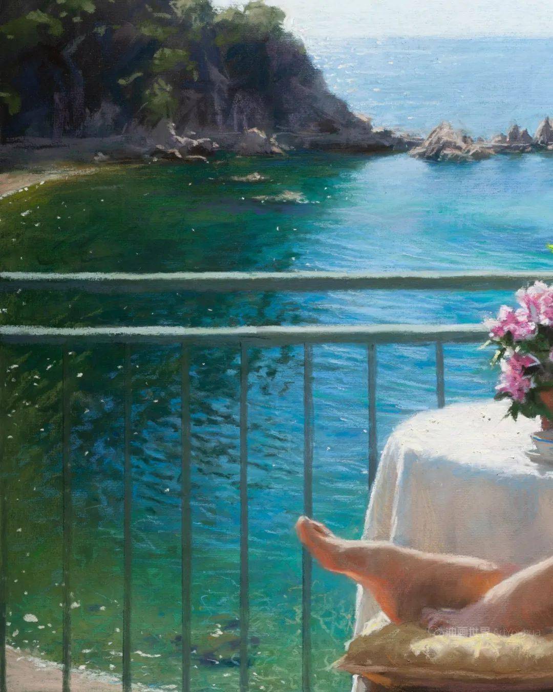 油画欣赏地中海温暖的阳光和婀娜多姿背影的美人令人陶醉