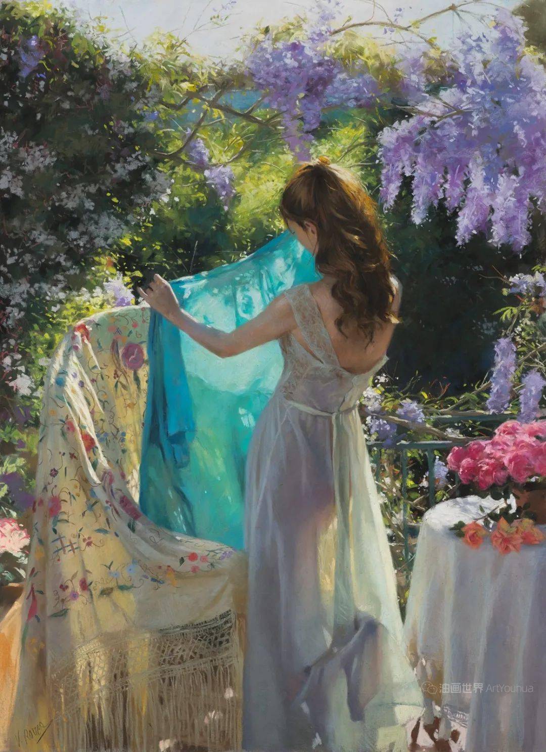 油画欣赏地中海温暖的阳光和婀娜多姿背影的美人令人陶醉