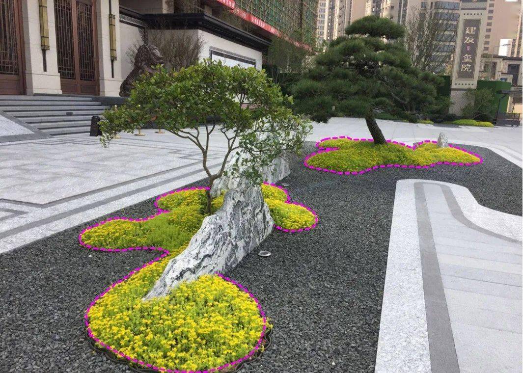 不规则自然曲线的应用效果,以及中式元素(瓦片收边)的处理手法佛甲草