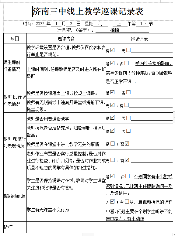 线上巡课结束后,听课干部还要填写巡课记录表,包括教师执行课程表情况