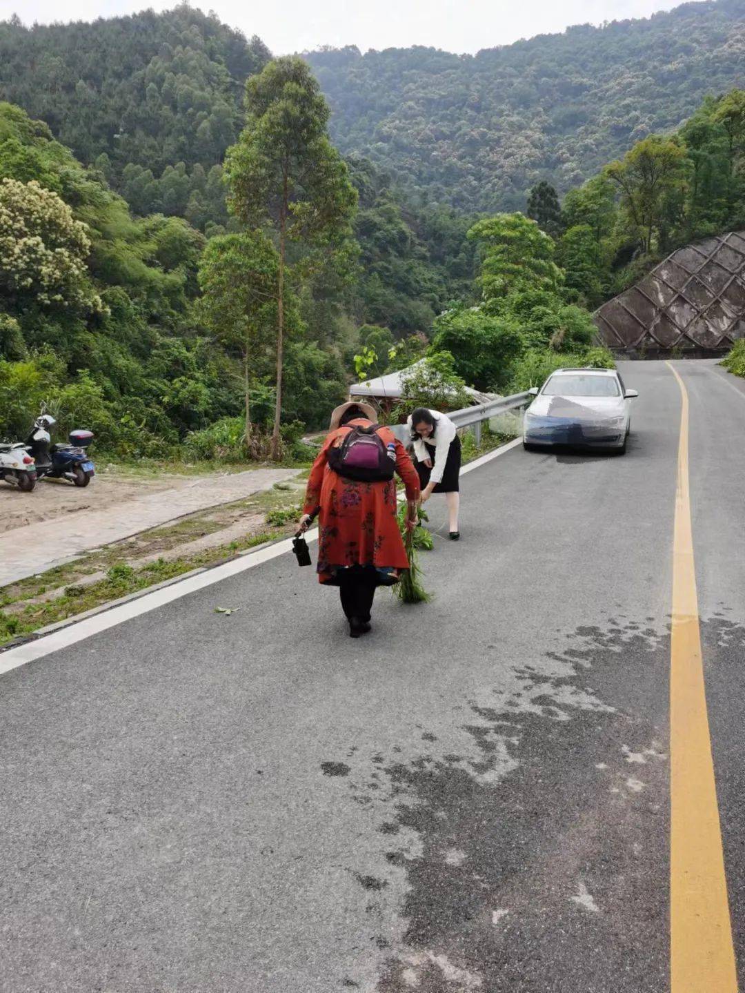 昭平南山茶海玻璃桥公路上有被打碎的酒瓶玻璃两位好心女子用树枝打扫