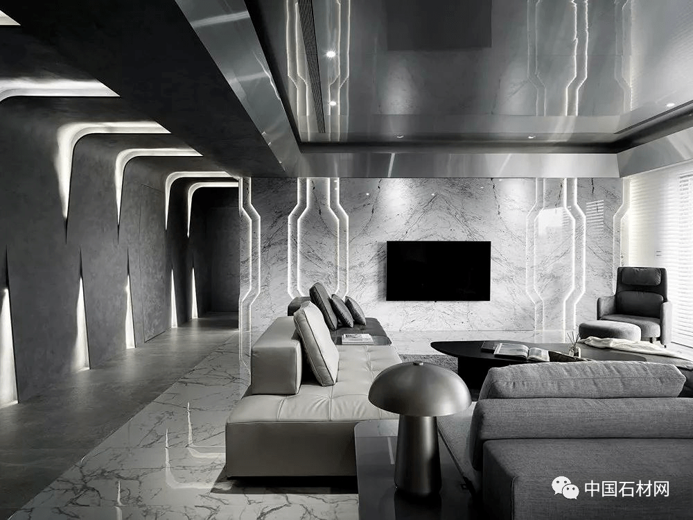 330㎡大平层,大理石背景墙设计超有科技感_白色_客厅_时尚