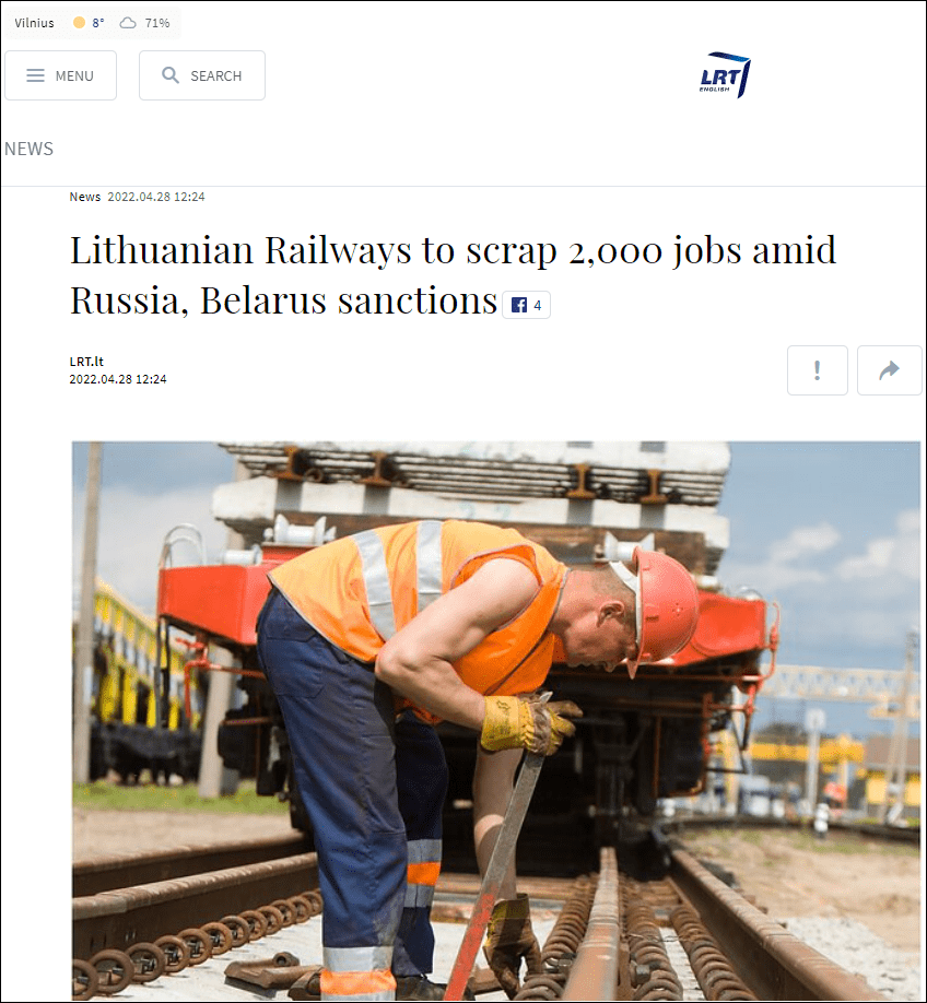 西方制裁俄罗斯和白俄罗斯，立陶宛铁路公司业务受影响裁员约2000人