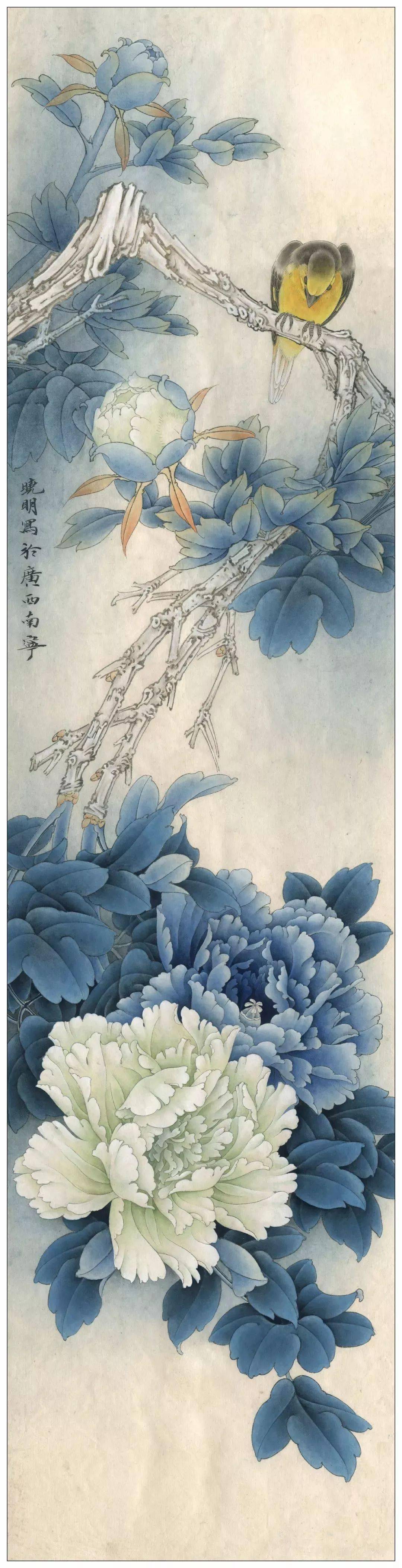 李晓明工笔牡丹国画条屏构图技法黄雀双清太赞了