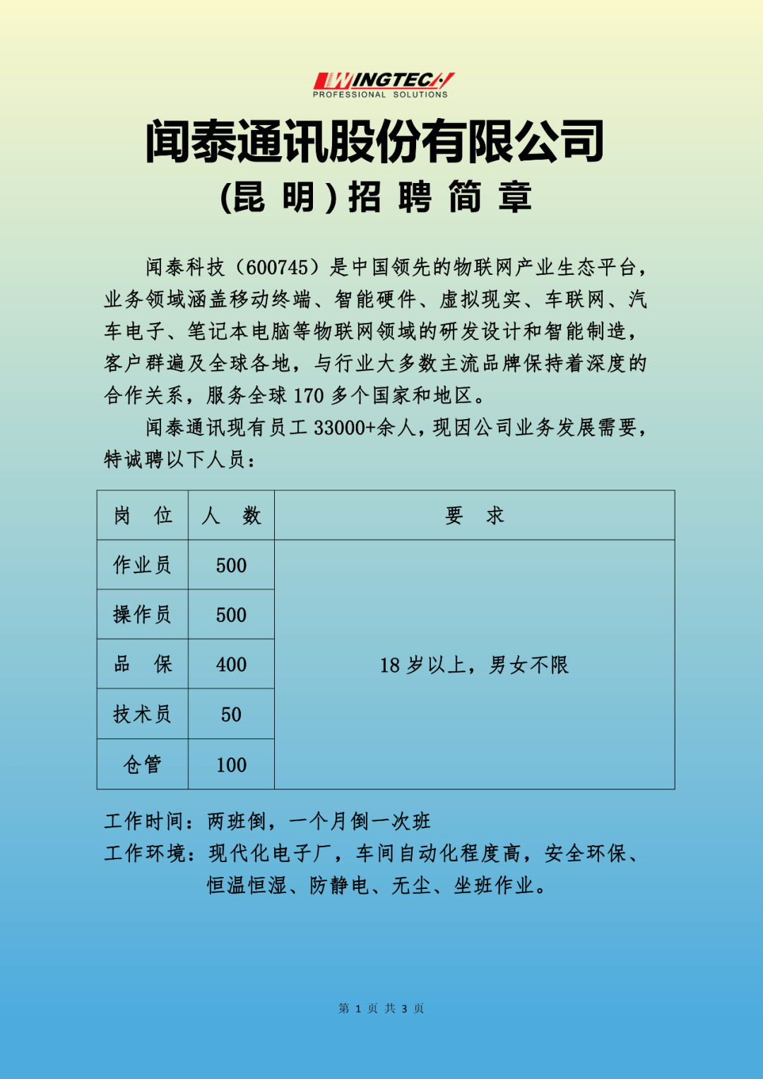 昆明闻泰通讯招聘1550人!