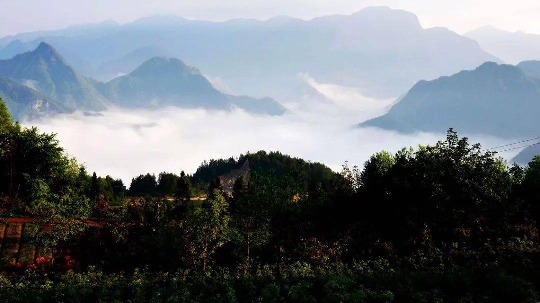 的天空满山蓊郁荫翳的树木四面环绕着嵯峨黛绿的群山九重花岭行程亮点