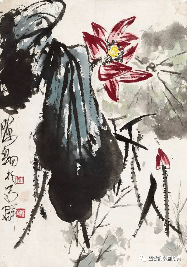 他的大写意荷花,豪放雄强,拙味十足