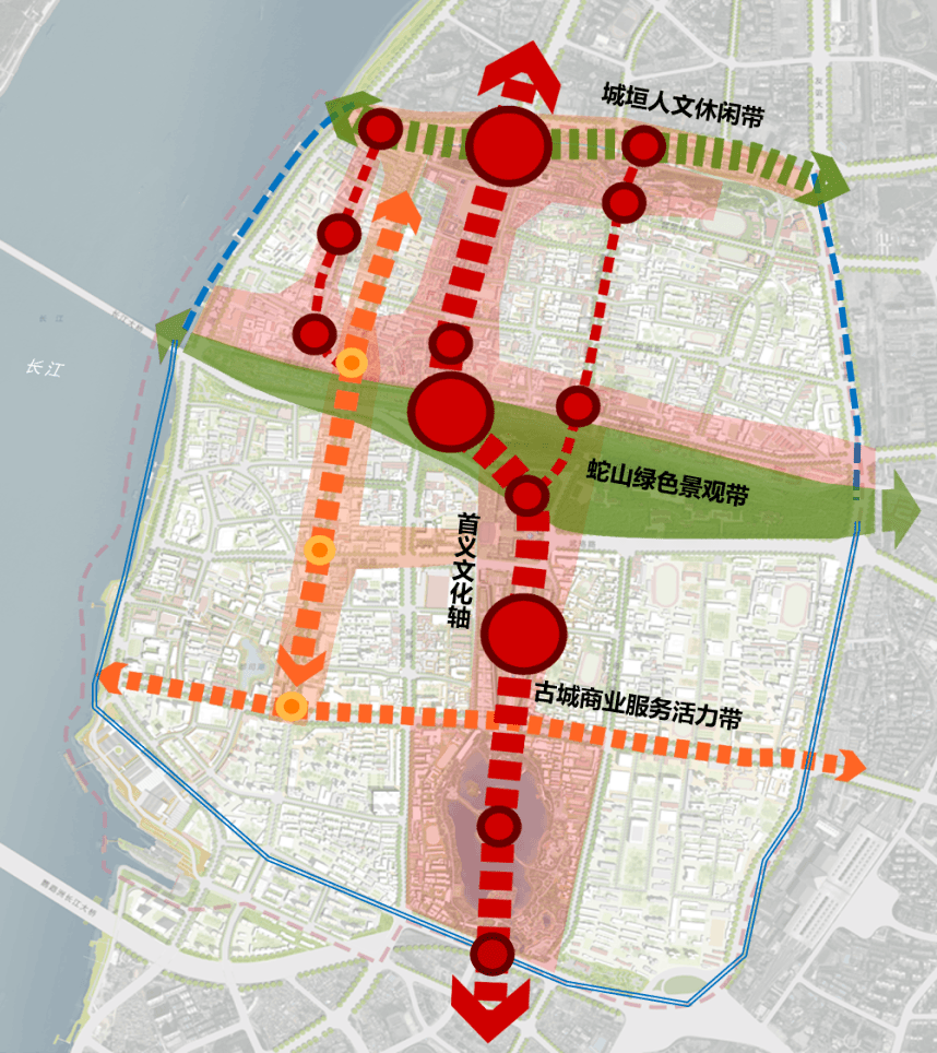 武昌古城以原明城墙范围为主体,定位于打造大黄鹤楼历史风貌旅游区.