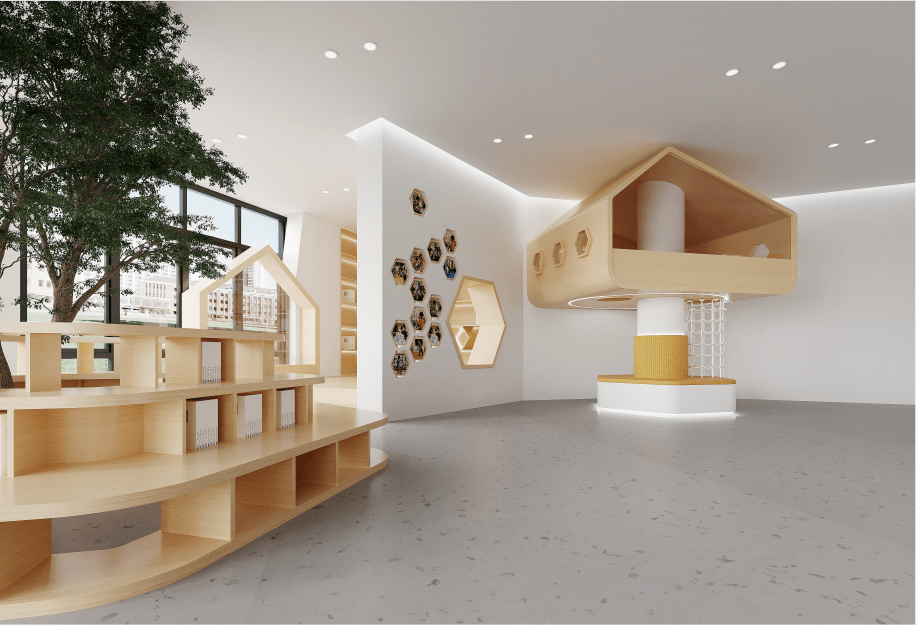 劳动人民犹如辛勤的小蜜蜂,在设计中,幼儿园充分运用小蜜蜂及蜂巢元素