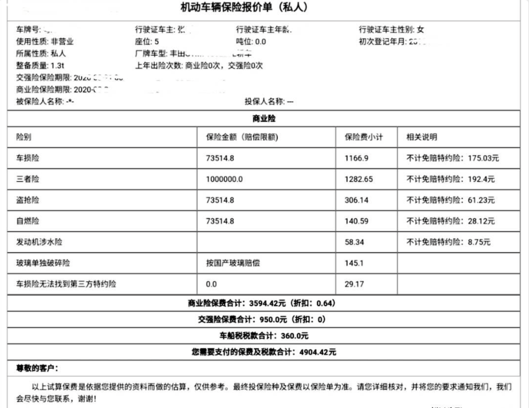 车险收费明细表清单图片