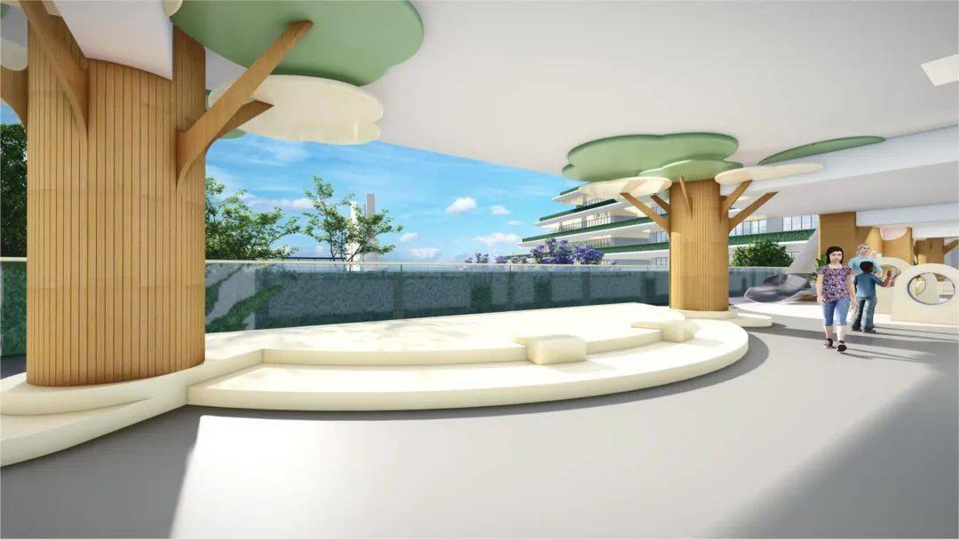 dett教育设计2f另一侧的廊道,打造成了户外音乐露台,以柱点为框景打造