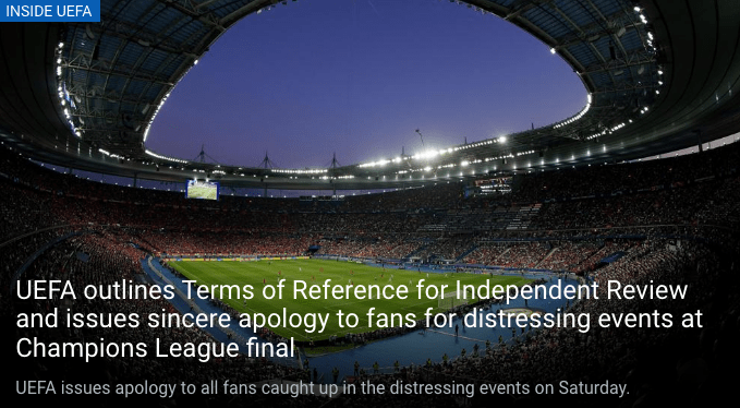 欧足联为欧冠决赛骚乱致歉：已启动独立调查