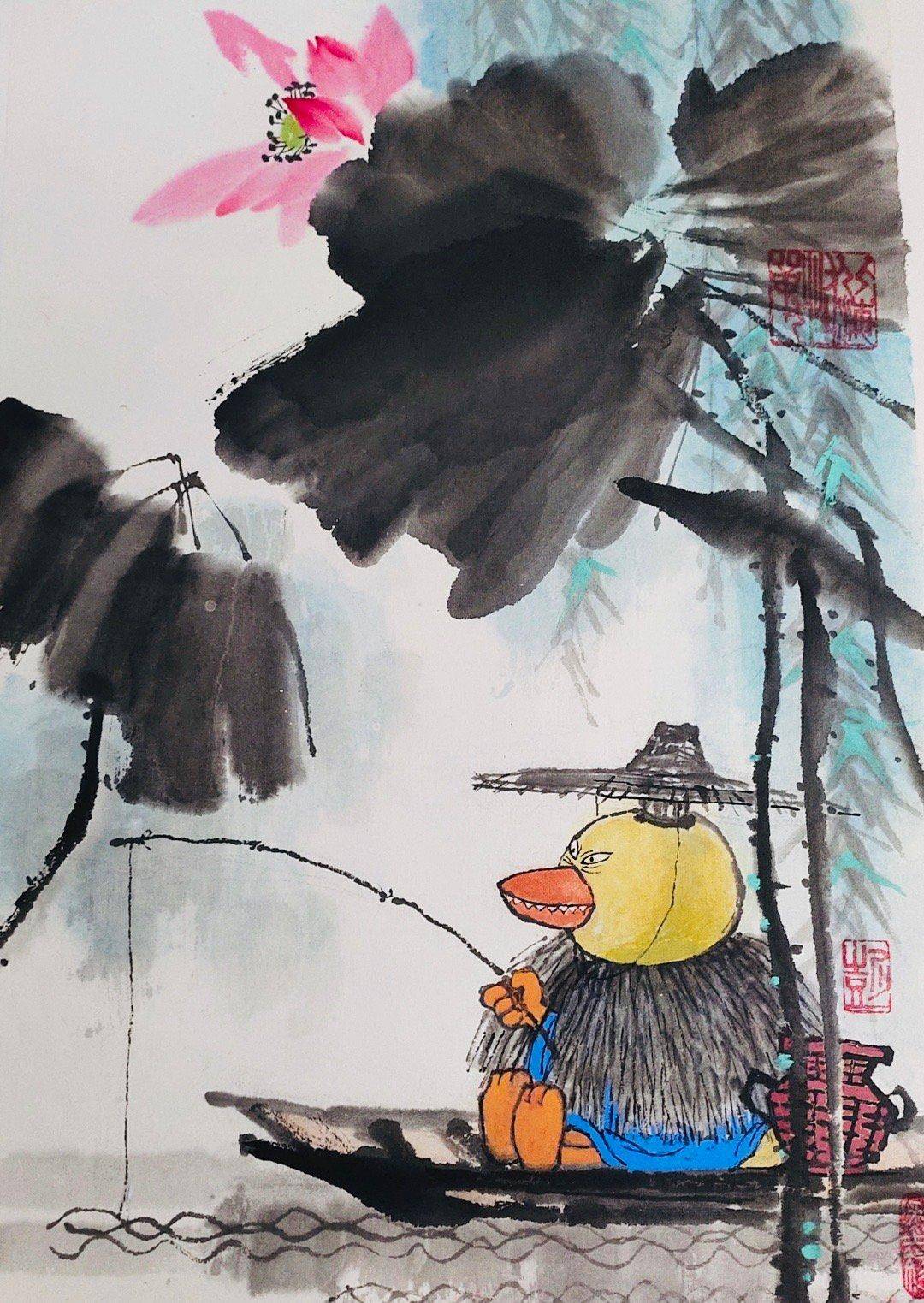 新裤子乐队主唱彭磊晒漫画家父亲彭国良画作北海怪兽咪咪嘎嘎闯入水墨