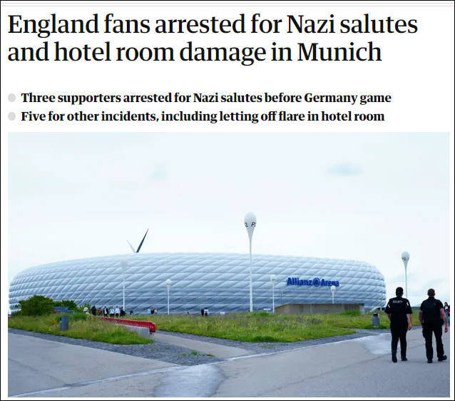 8名英格兰球迷在德国被捕：行纳粹礼、点照明弹、当街小便还打警察