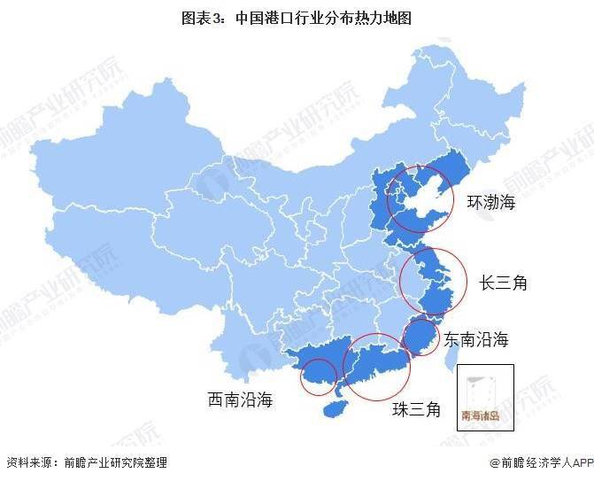 珠三角,环渤海,东南沿海以及西南沿海地区港口为主的五大港口群