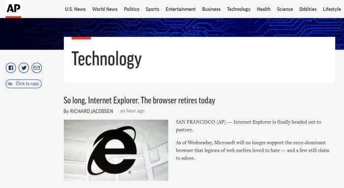 微软IE浏览器将于6月15日永久关闭