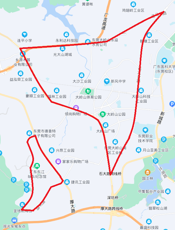 厚大路—拥军路—大岭山大道延长线—厚大路连接范围以内(不含厚大路)