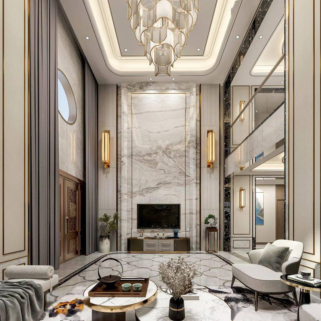 1新中式大理石背景墙新中式的点睛之处在于化繁为简,去除传统中式繁复