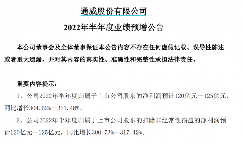 通威股份(600438)今日创历史新高,半年业绩增三倍,净利润达120亿-125亿元 通威股份(600438)今日创历史新高,半年业绩增三倍,净利润达120亿-125亿元