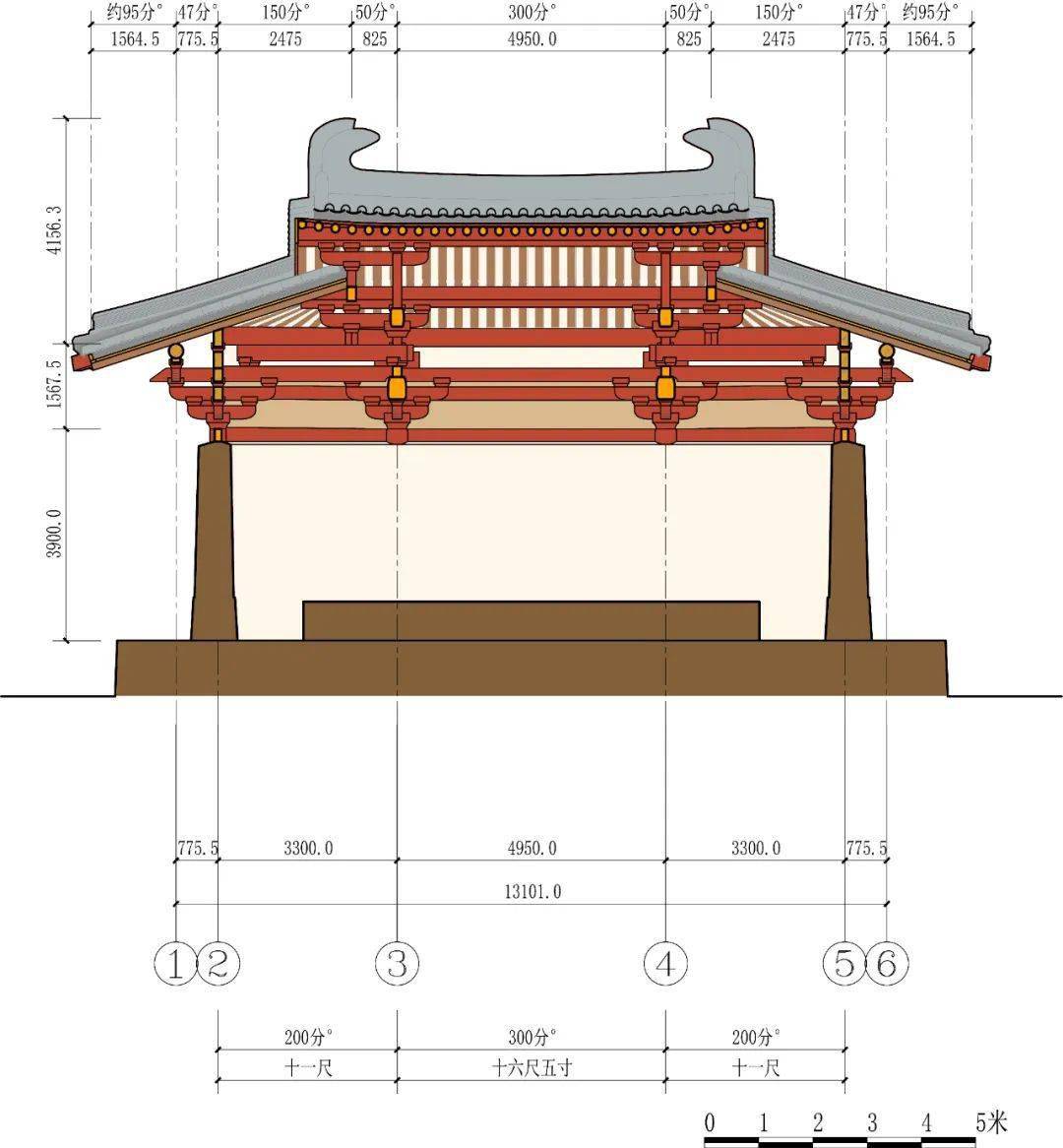 图20 南禅寺大殿纵剖面复原材分营造尺图图21 南禅寺大殿立面复原材分