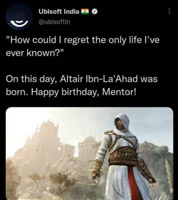1月11日是初代《刺客信条》主角阿泰尔的生日,育碧印度推特账号也专门