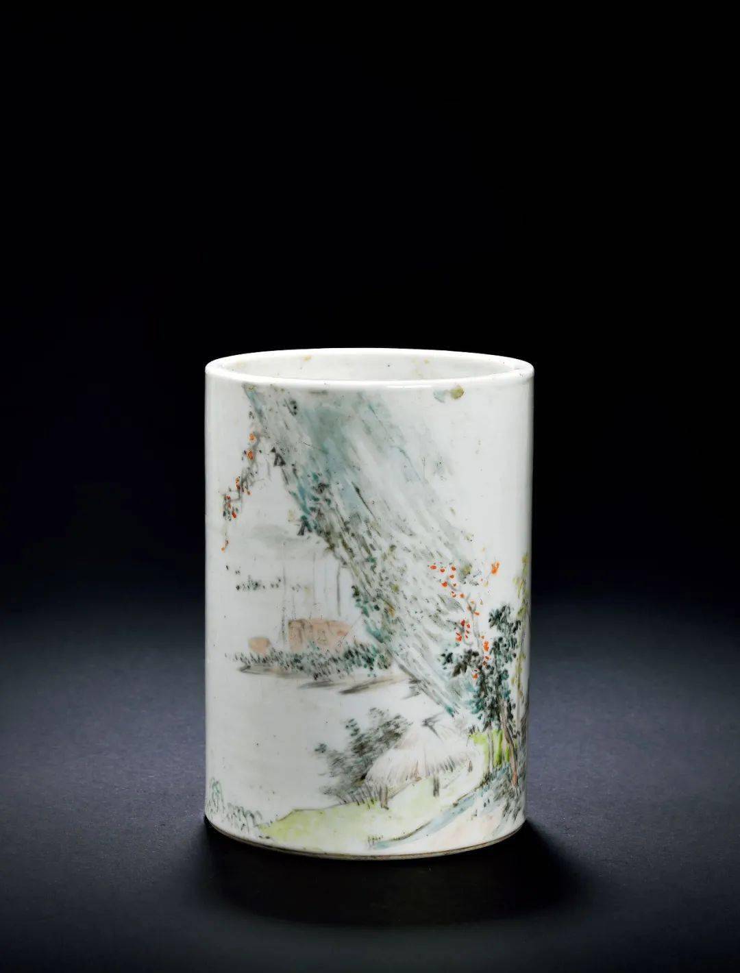 lot10591873年 王少维 浅绛秋山图笔筒题识:癸酉仲秋下浣作,为悦卿