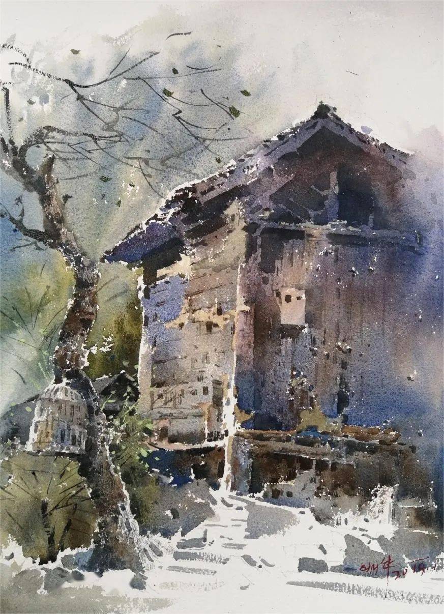 他借着画笔下的苗寨风光,传达对生活与自然的热爱_王明华_水彩_作品