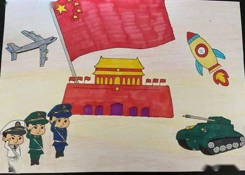 幼儿园建军节绘画图,致敬解放军叔叔