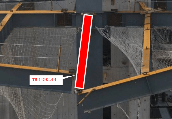 墜落的tb-14gkl4-4鋼樑與封邊梁tb-14gl3-4連接節點碼板焊接處有氧炔